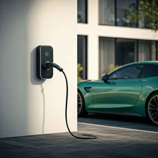 Modern minimalist EV charger on the wall of an architectural home.