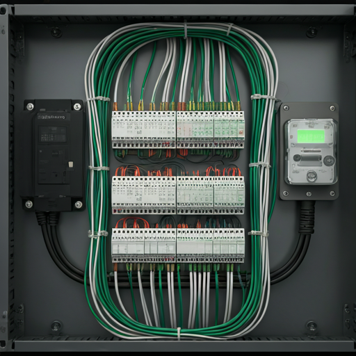 Macro view of meticulously dressed EV distribution gear with smart metering displays.