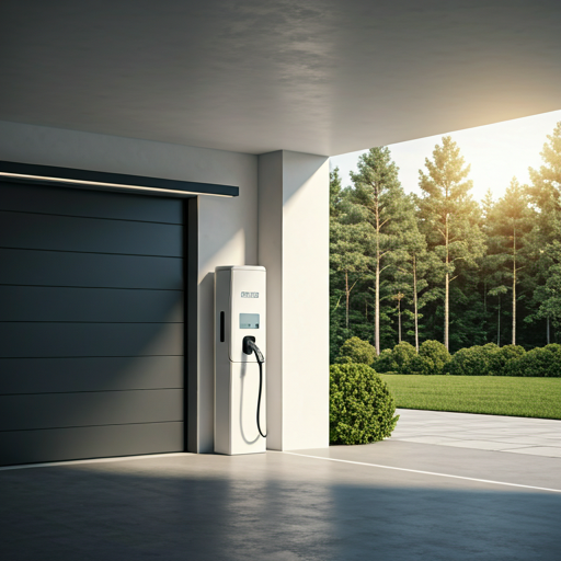 Premium home EV charger in a bright architectural garage with soft green accents.