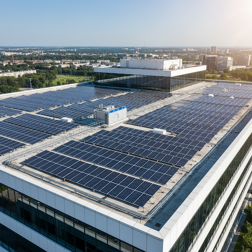 Large-scale solar panel installation on a commercial rooftop